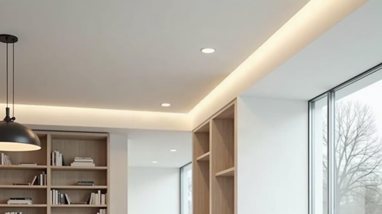 Retombee de plafond en plaques de platre avec gorge lumineuse, dans un sejour fini