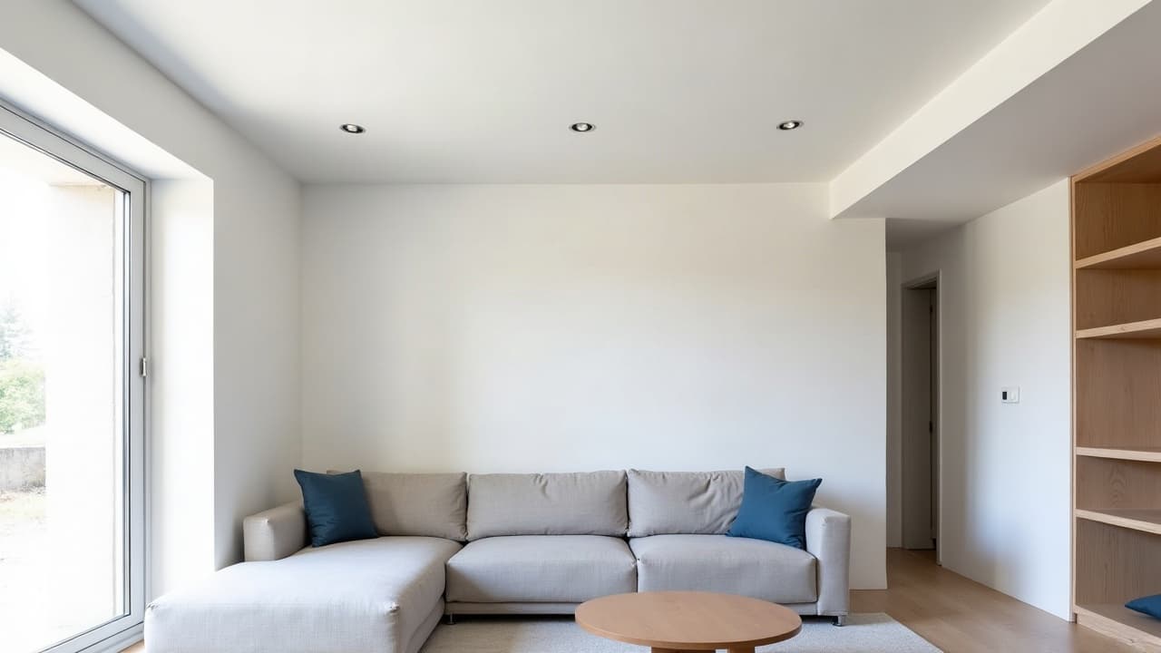 Plafond en plaques de plâtre fini avec spots encastrés alignés, intérieur amiénois